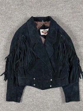 Vintage Rock Creek Black Suede Leather Fringe Jacket Women’s Large Western 90s